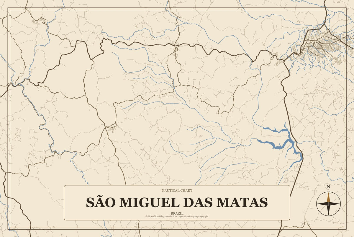 São Miguel das Matas, Brazil City Map Aluminum Sign in Heritage Nautical style