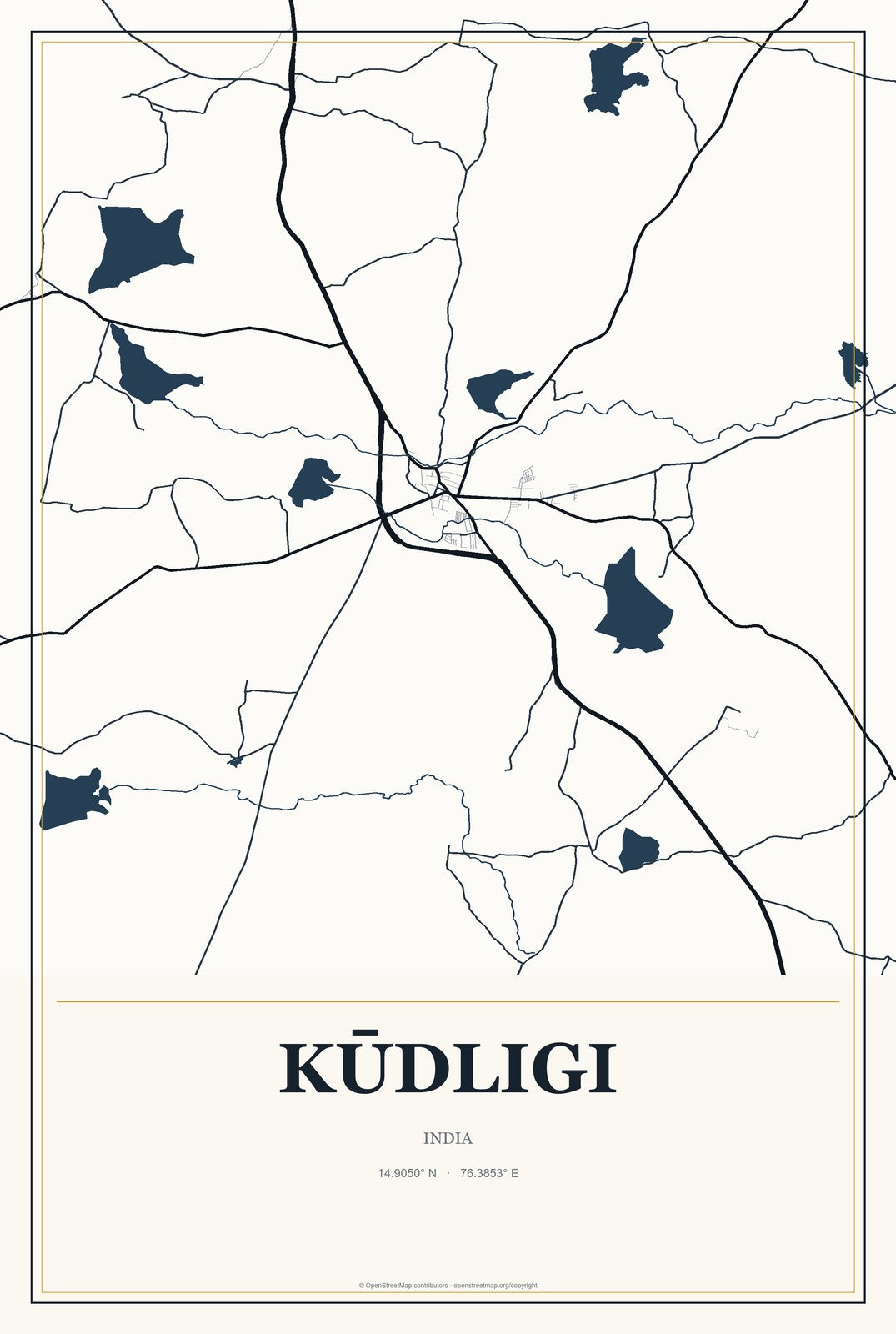 Kūdligi, India City Map Aluminum Sign in Citrine Modern style