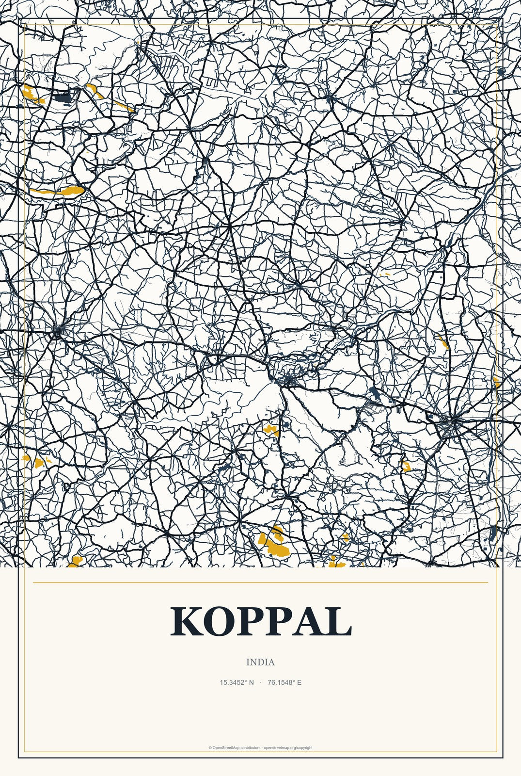 Koppal, India City Map Aluminum Sign in Citrine Modern style
