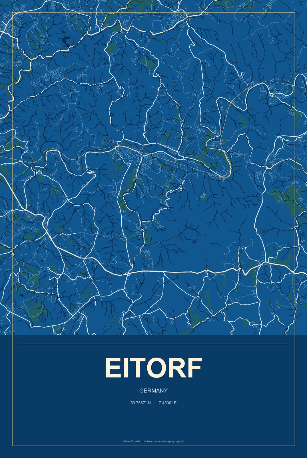 Eitorf, Germany City Map Aluminum Sign in Harbor Cobalt style