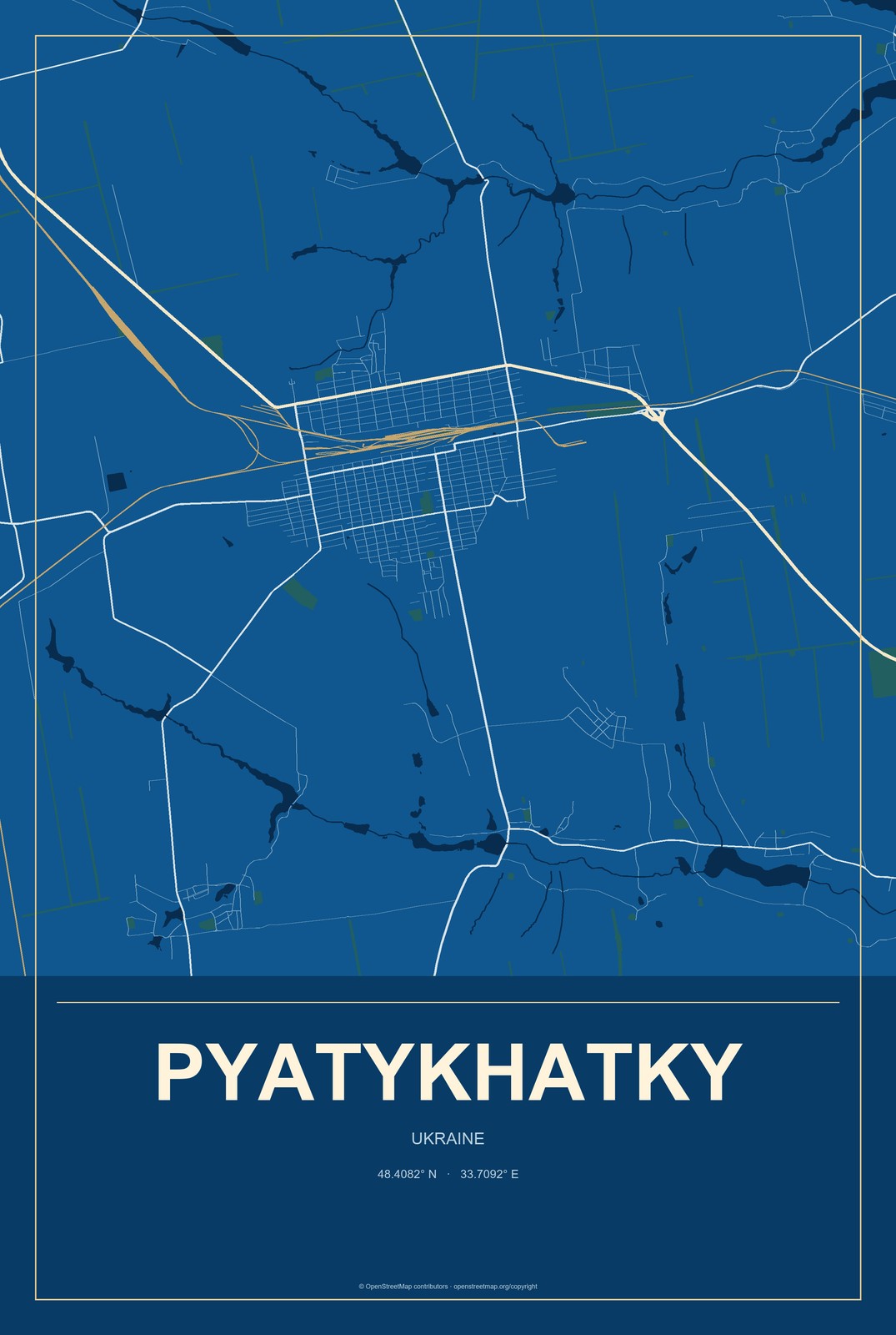 Pyatykhatky, Ukraine City Map Aluminum Sign in Harbor Cobalt style