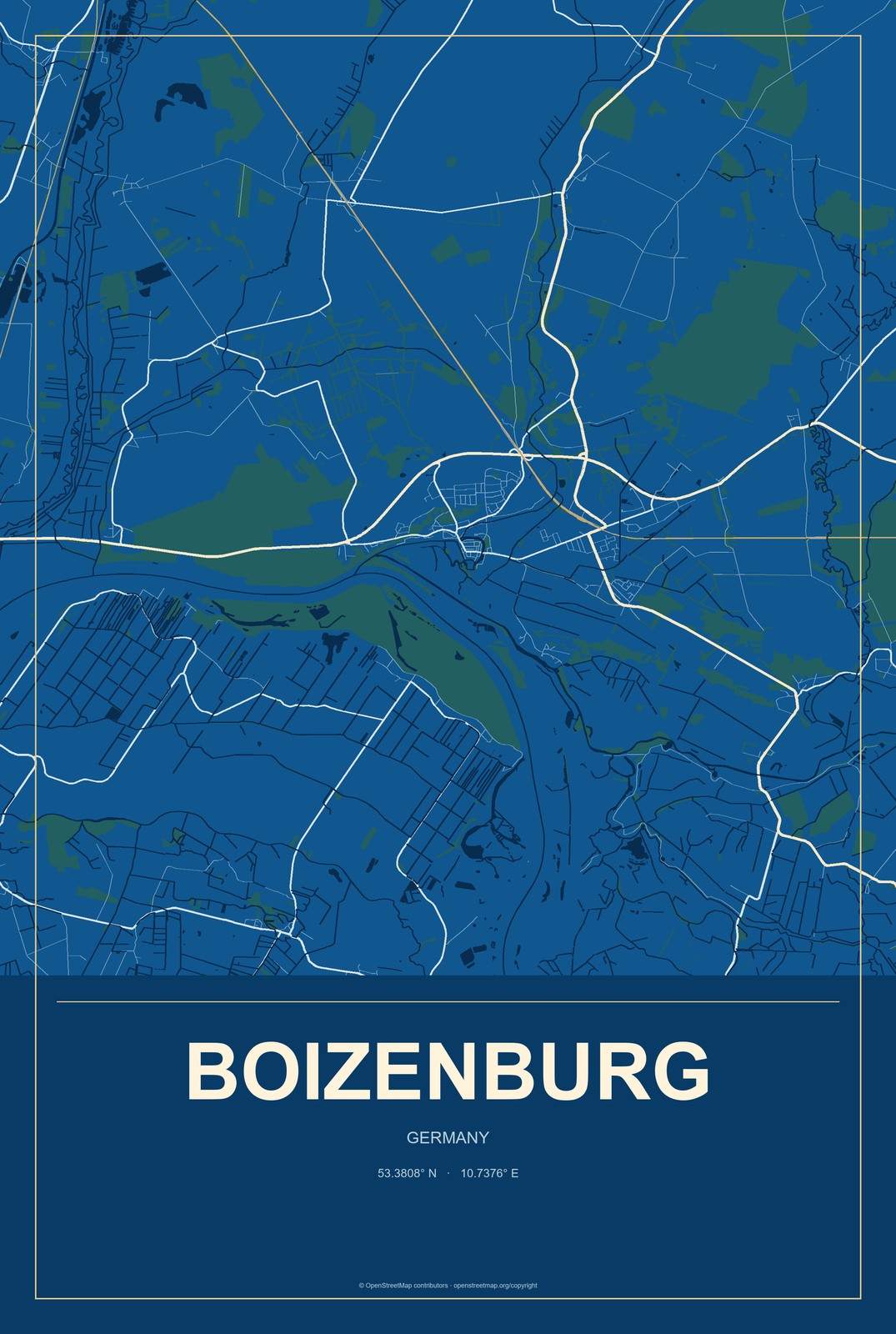 Boizenburg, Germany City Map Aluminum Sign in Harbor Cobalt style