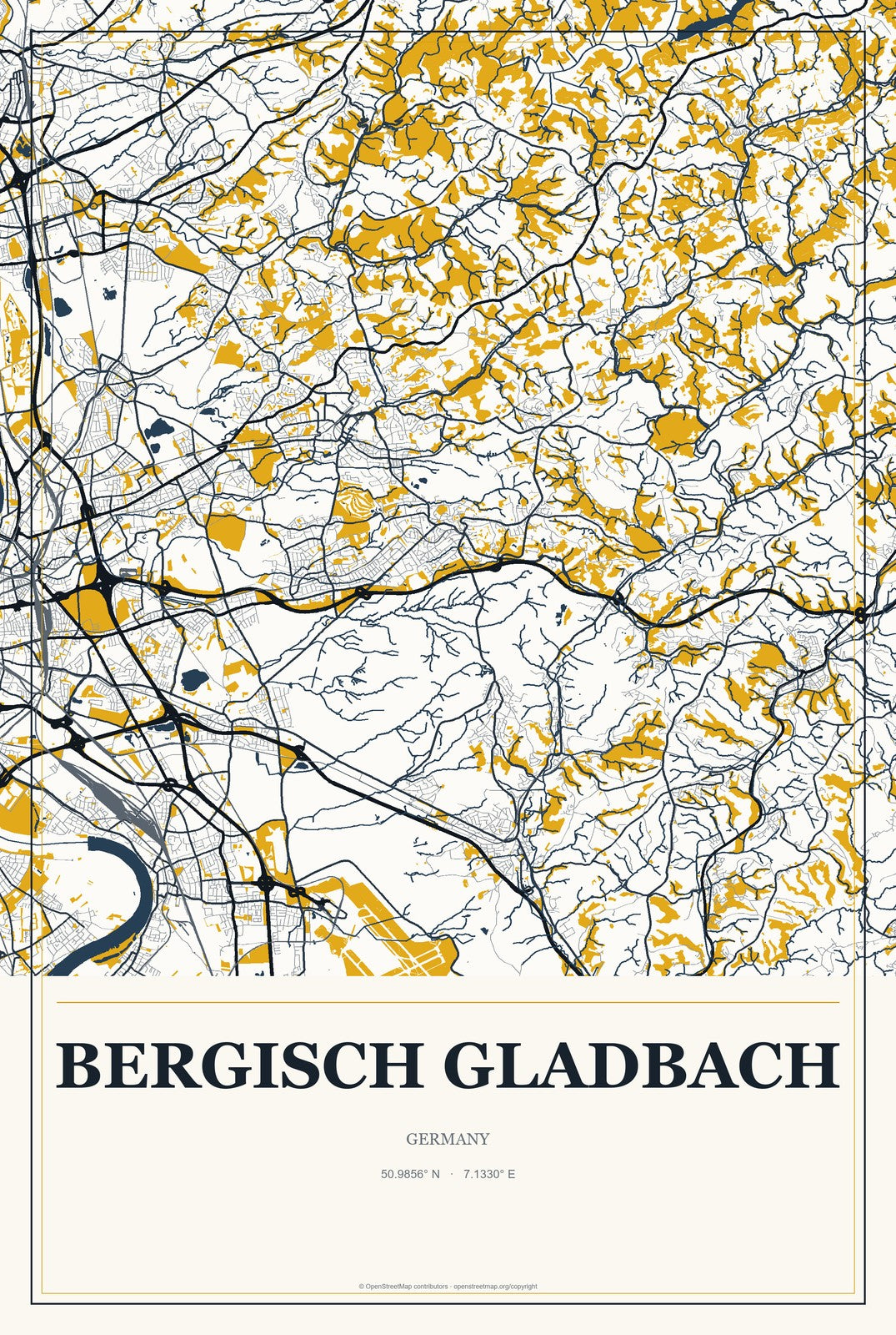 Bergisch Gladbach, Germany City Map Aluminum Sign in Citrine Modern style