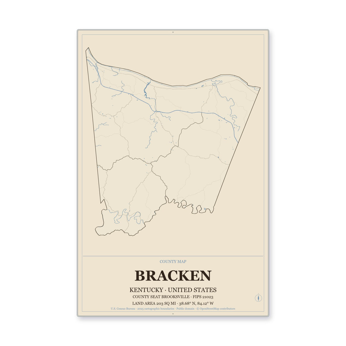 Bracken County, Kentucky Map Aluminum Sign in Heritage Nautical style