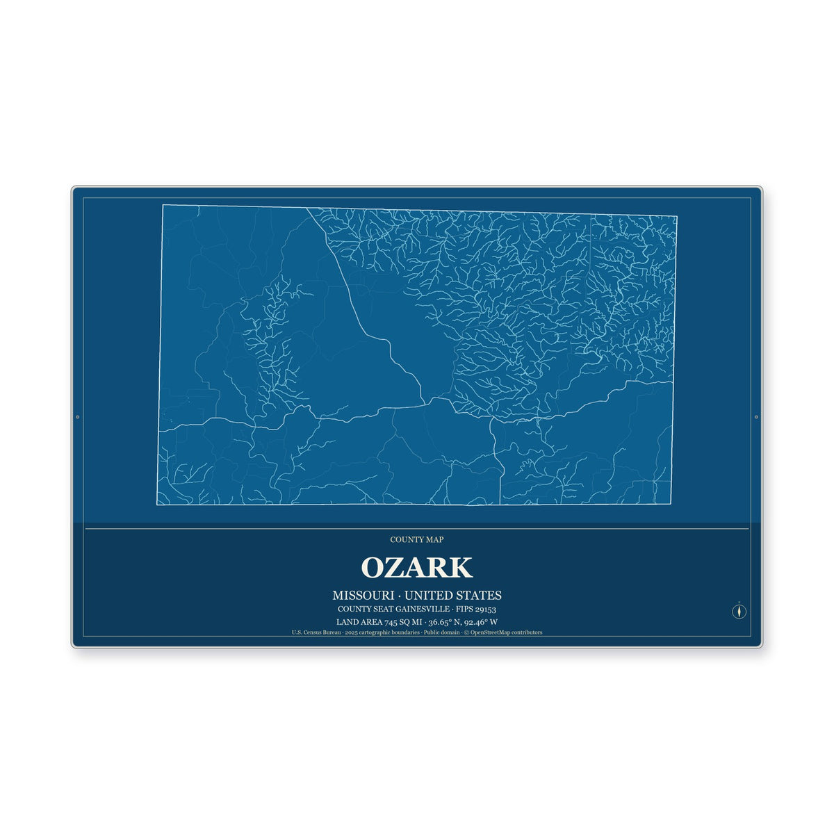 Ozark County, Missouri Map Aluminum Sign in Harbor Cobalt style