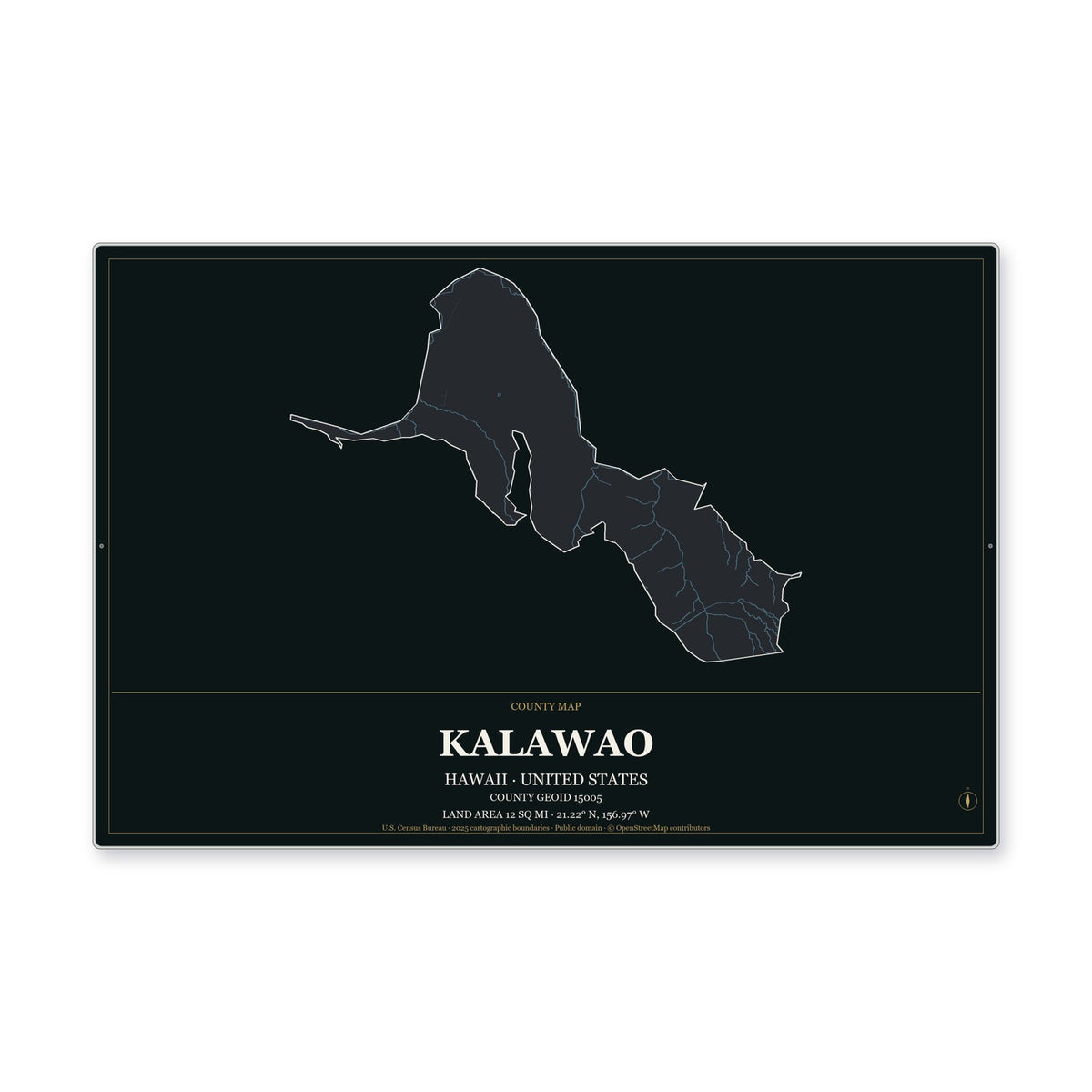 Kalawao County, Hawaii Map Aluminum Sign in Metropolitan Noir style