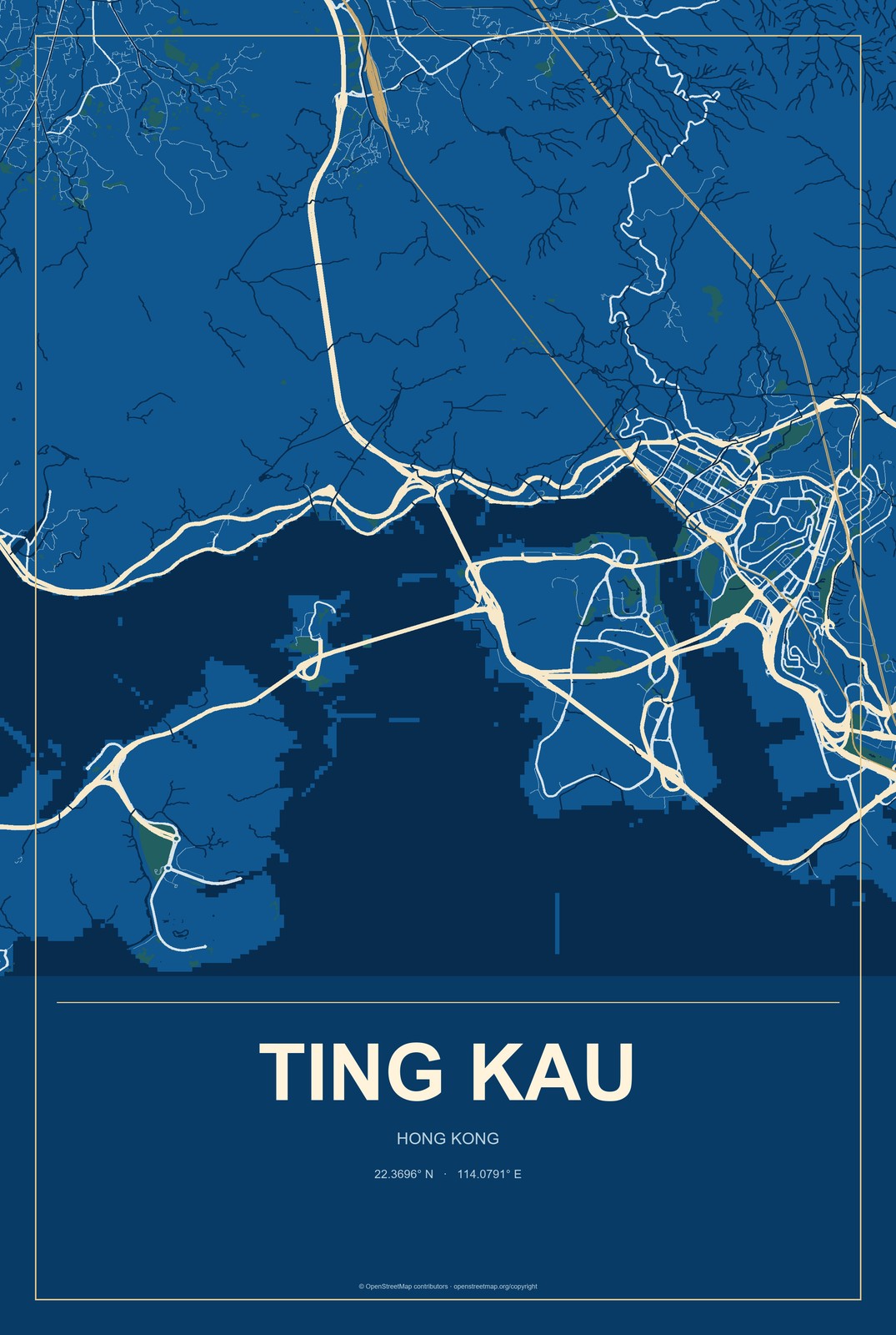 Ting Kau, Hong Kong City Map Aluminum Sign in Harbor Cobalt style
