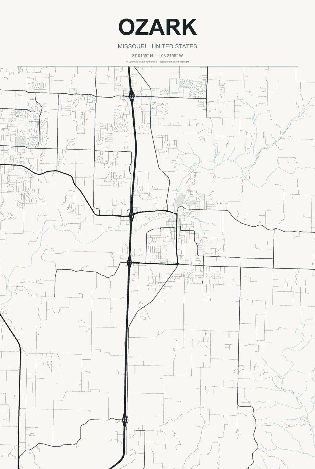Ozark, Missouri City Map Aluminum Sign in Headline Atlas style