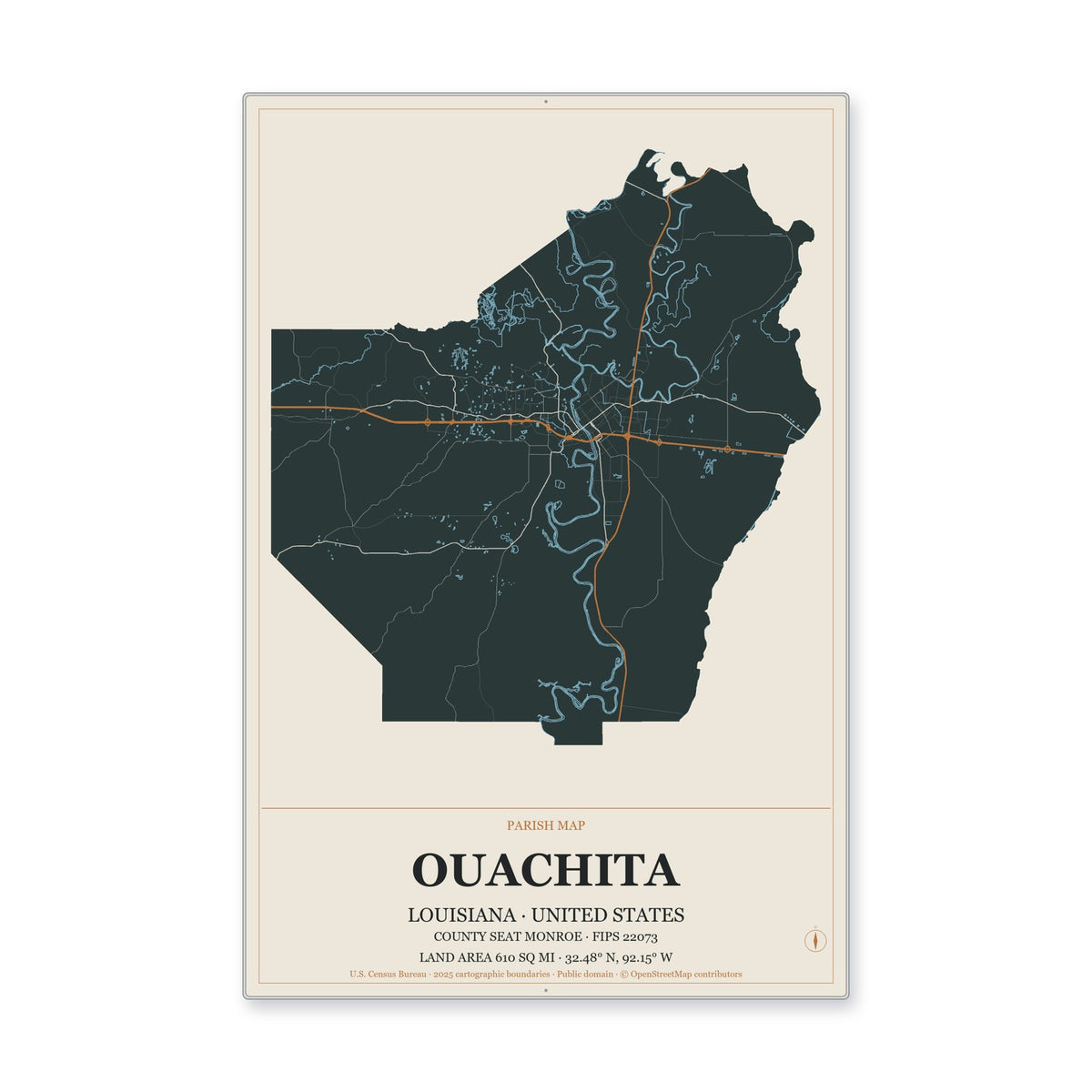 Ouachita Parish, Louisiana Map Aluminum Sign in Headline Atlas style