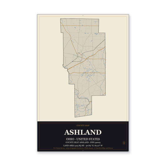 Ashland County, Ohio Map Aluminum Sign in Museum Plaque style