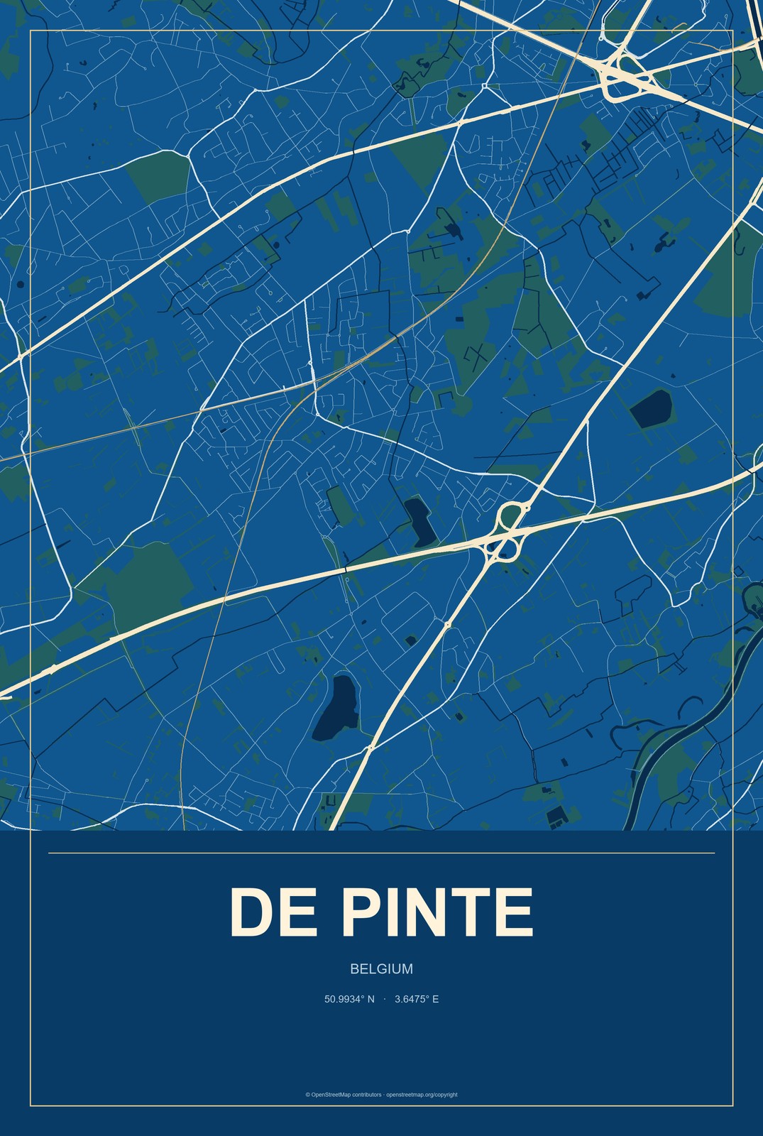 De Pinte, Belgium City Map Aluminum Sign in Harbor Cobalt style
