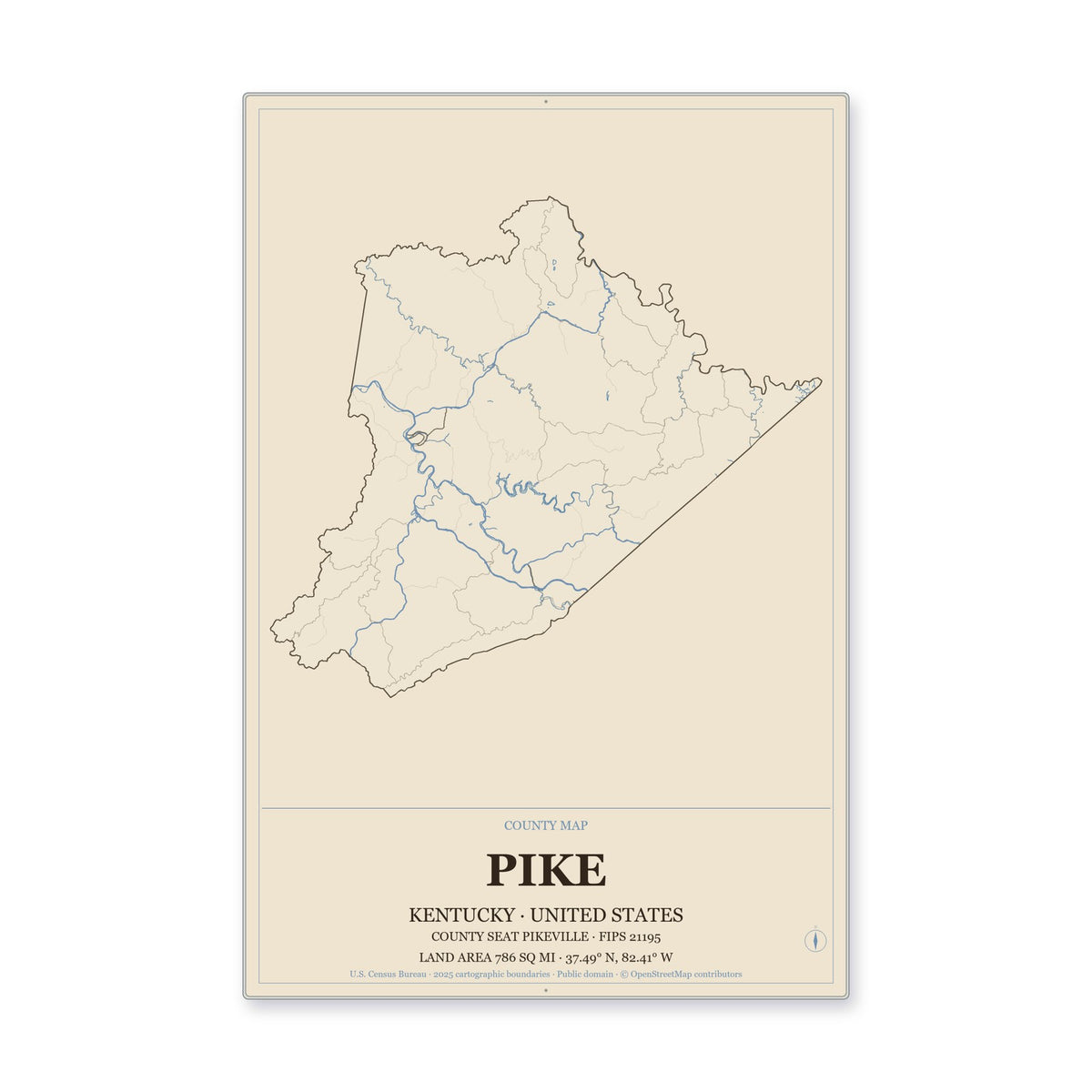 Pike County, Kentucky Map Aluminum Sign in Heritage Nautical style