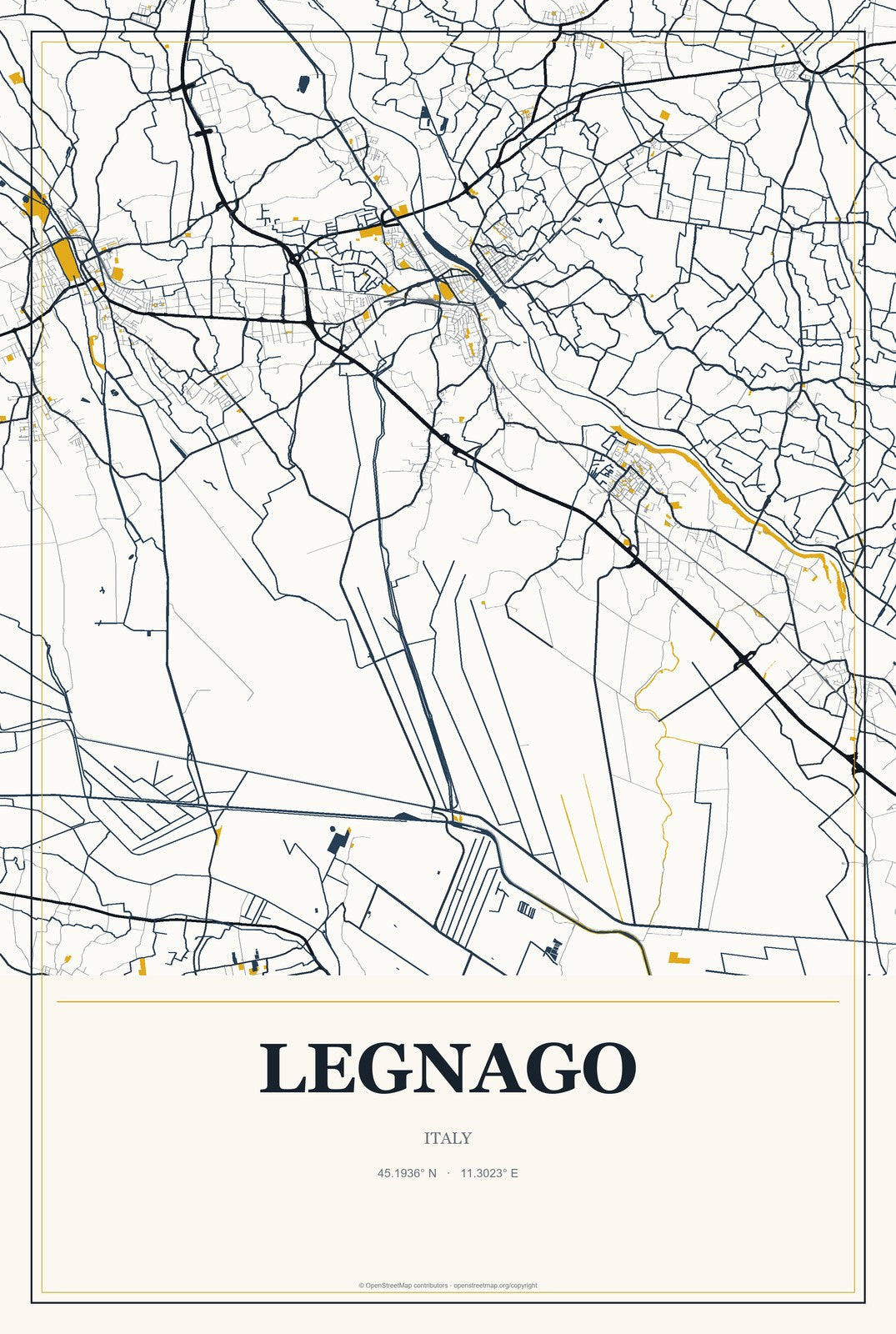Legnago, Italy City Map Aluminum Sign in Citrine Modern style