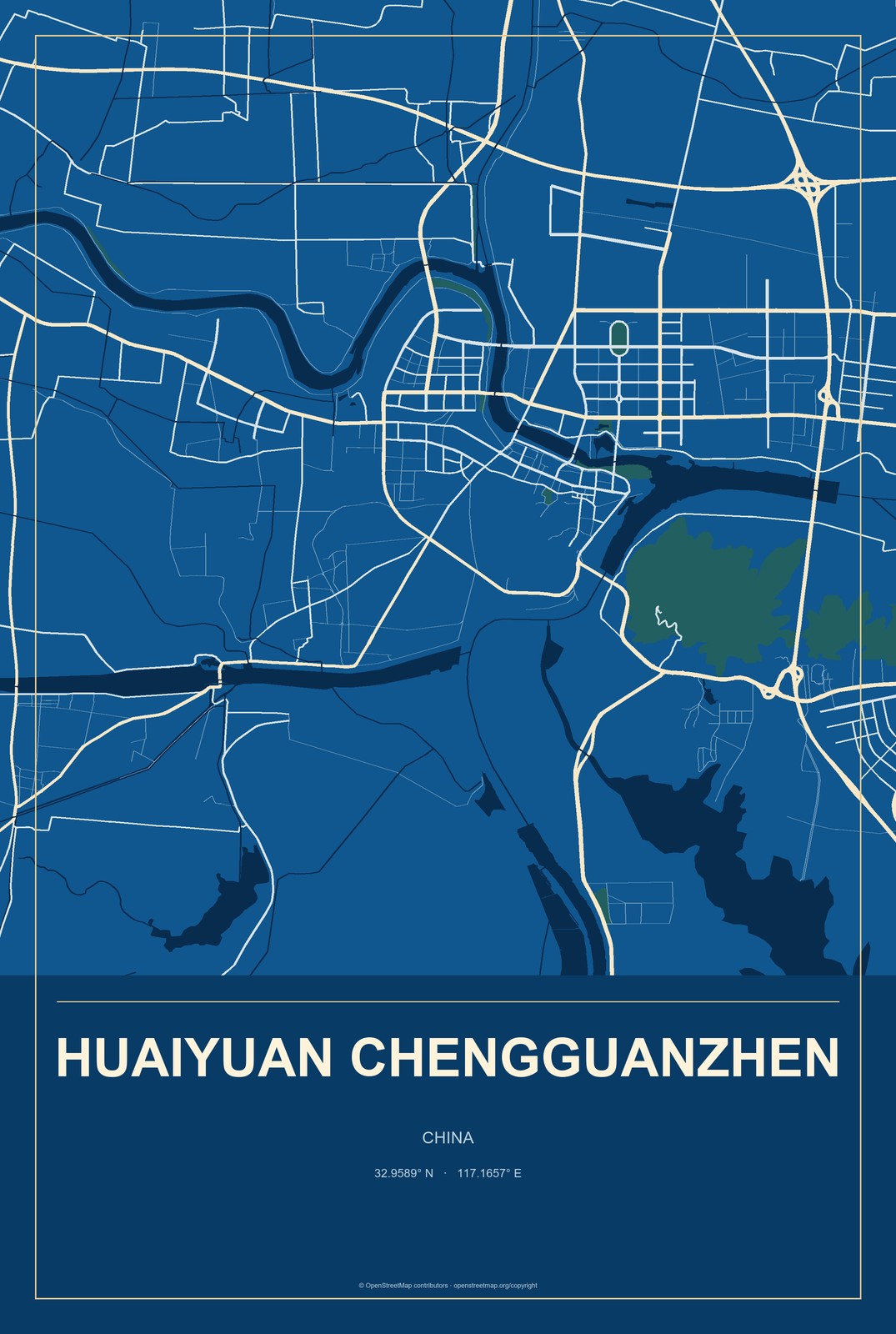 Huaiyuan Chengguanzhen, China City Map Aluminum Sign in Harbor Cobalt style