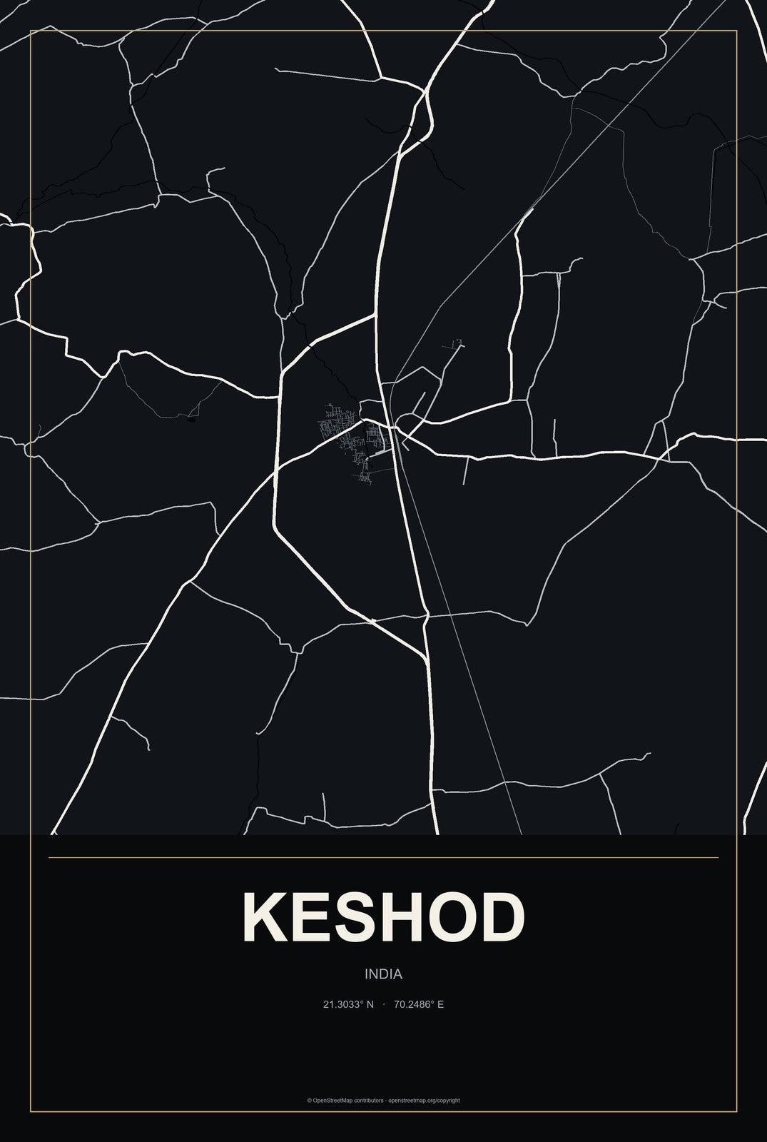 Keshod, India City Map Aluminum Sign in Metropolitan Noir style
