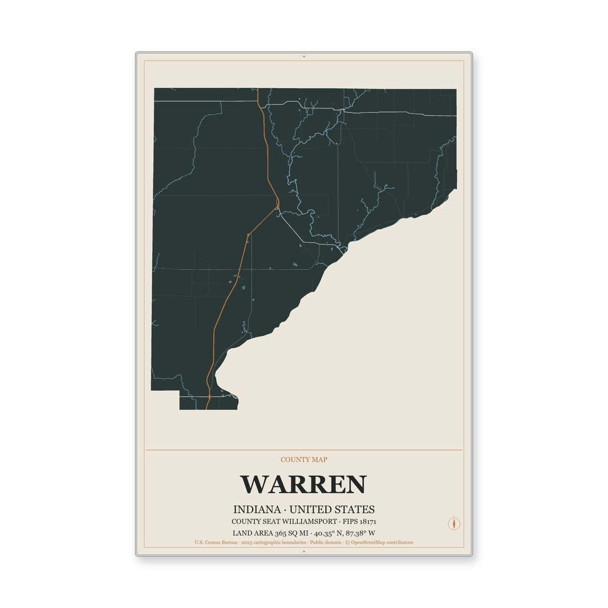 Warren County, Indiana Map Aluminum Sign in Headline Atlas style