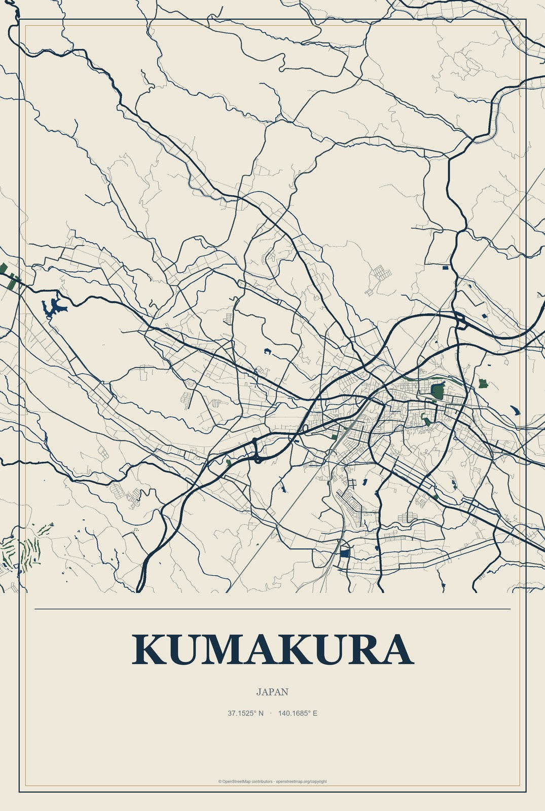 Kumakura, Japan City Map Aluminum Sign in Coastal Cutout style