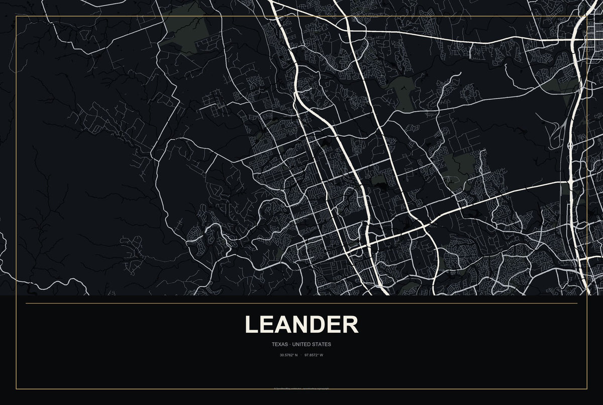 Leander, Texas City Map Aluminum Sign in Metropolitan Noir style
