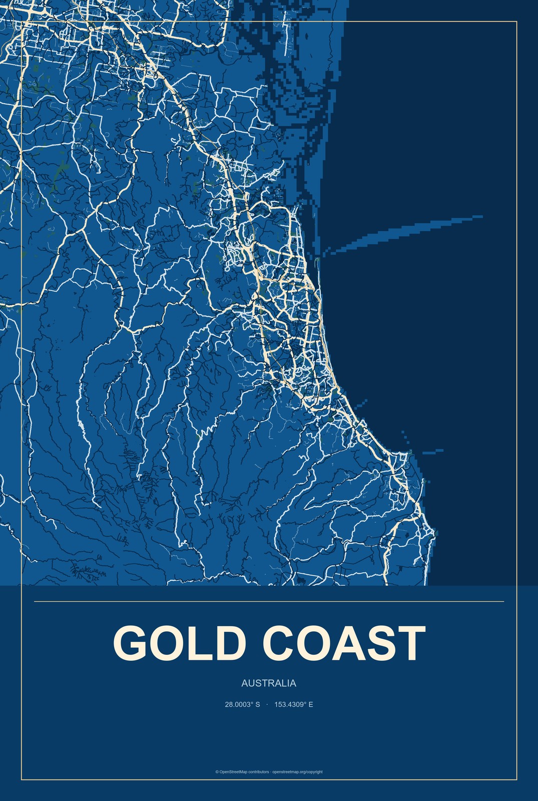 Gold Coast, Australia City Map Aluminum Sign in Harbor Cobalt style
