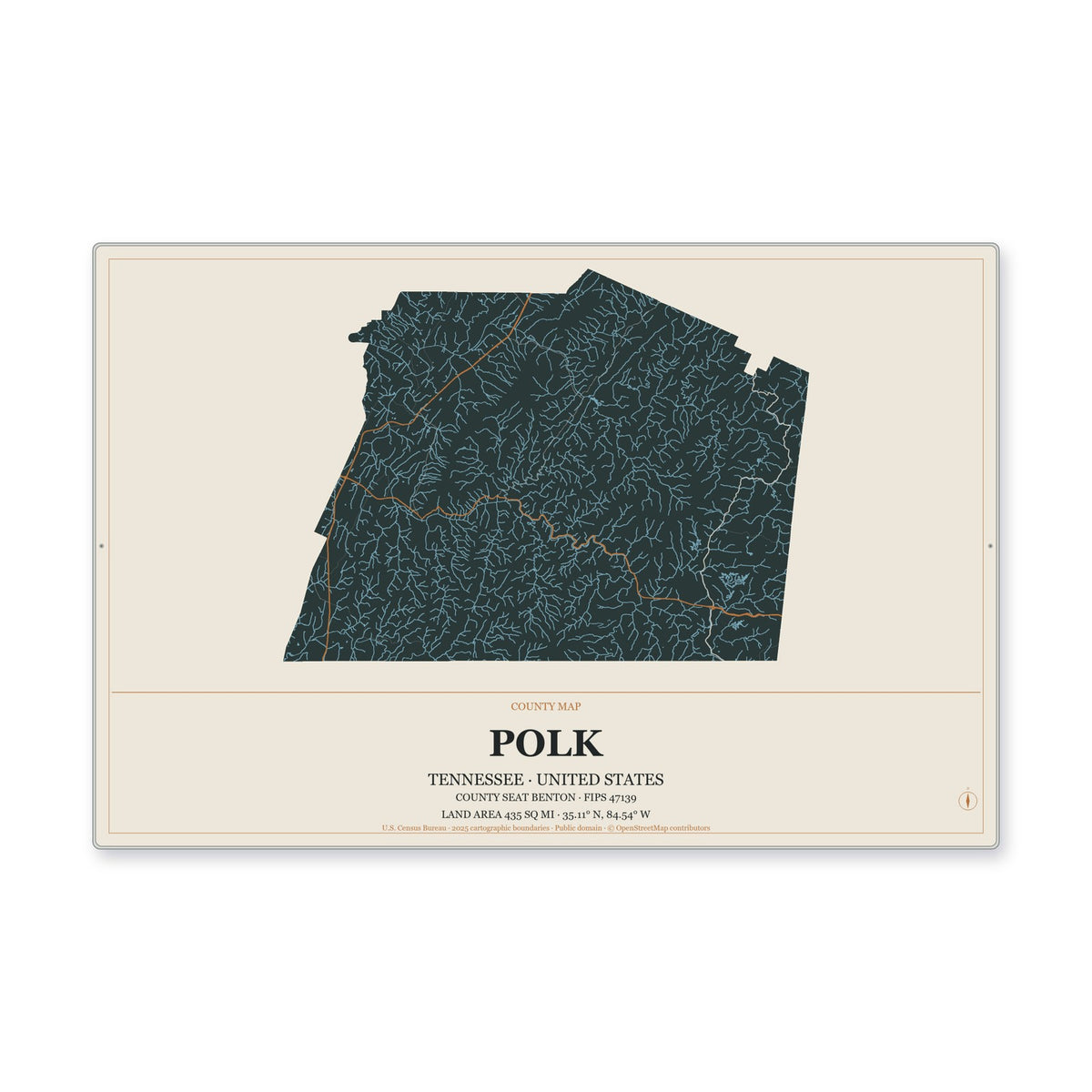 Polk County, Tennessee Map Aluminum Sign in Headline Atlas style