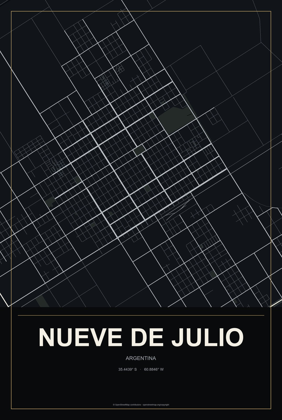 Nueve de Julio, Argentina City Map Aluminum Sign in Metropolitan Noir style