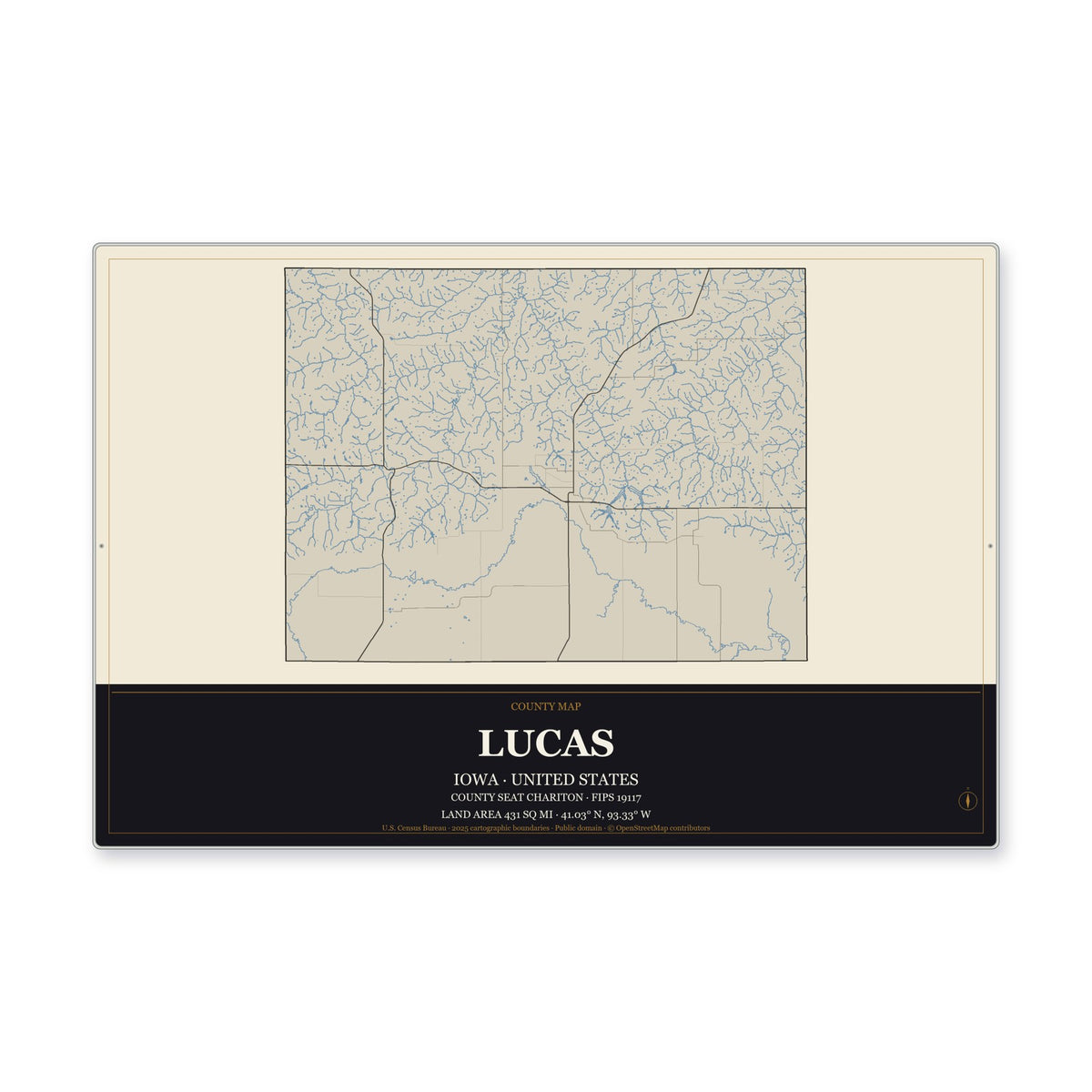 Lucas County, Iowa Map Aluminum Sign in Museum Plaque style