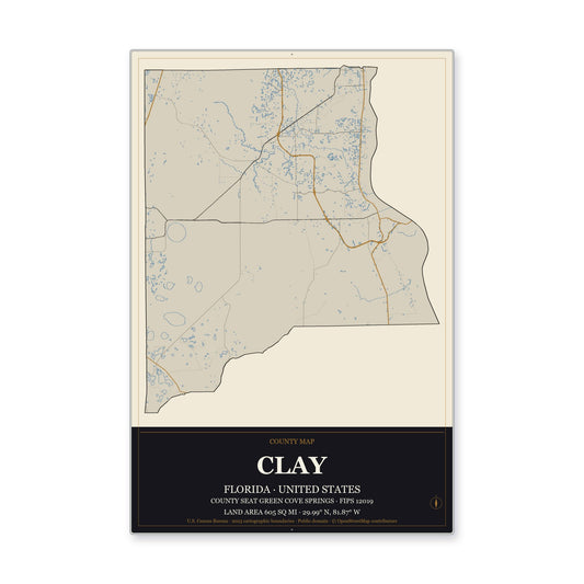 Clay County, Florida Map Aluminum Sign in Museum Plaque style