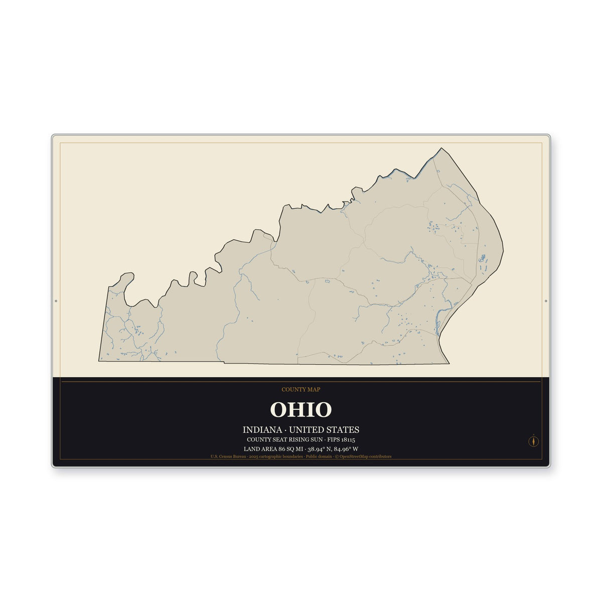Ohio County, Indiana Map Aluminum Sign in Museum Plaque style
