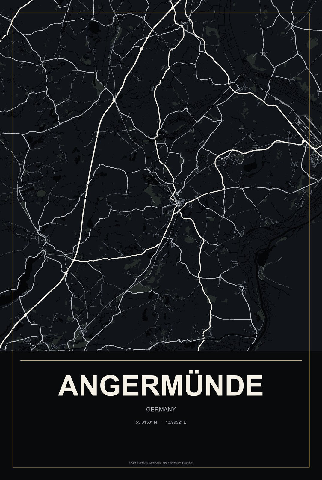 Angermünde, Germany City Map Aluminum Sign in Metropolitan Noir style