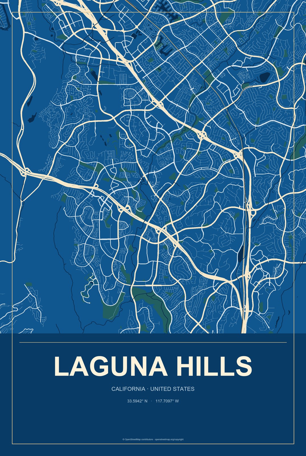 Laguna Hills, California City Map Aluminum Sign in Harbor Cobalt style
