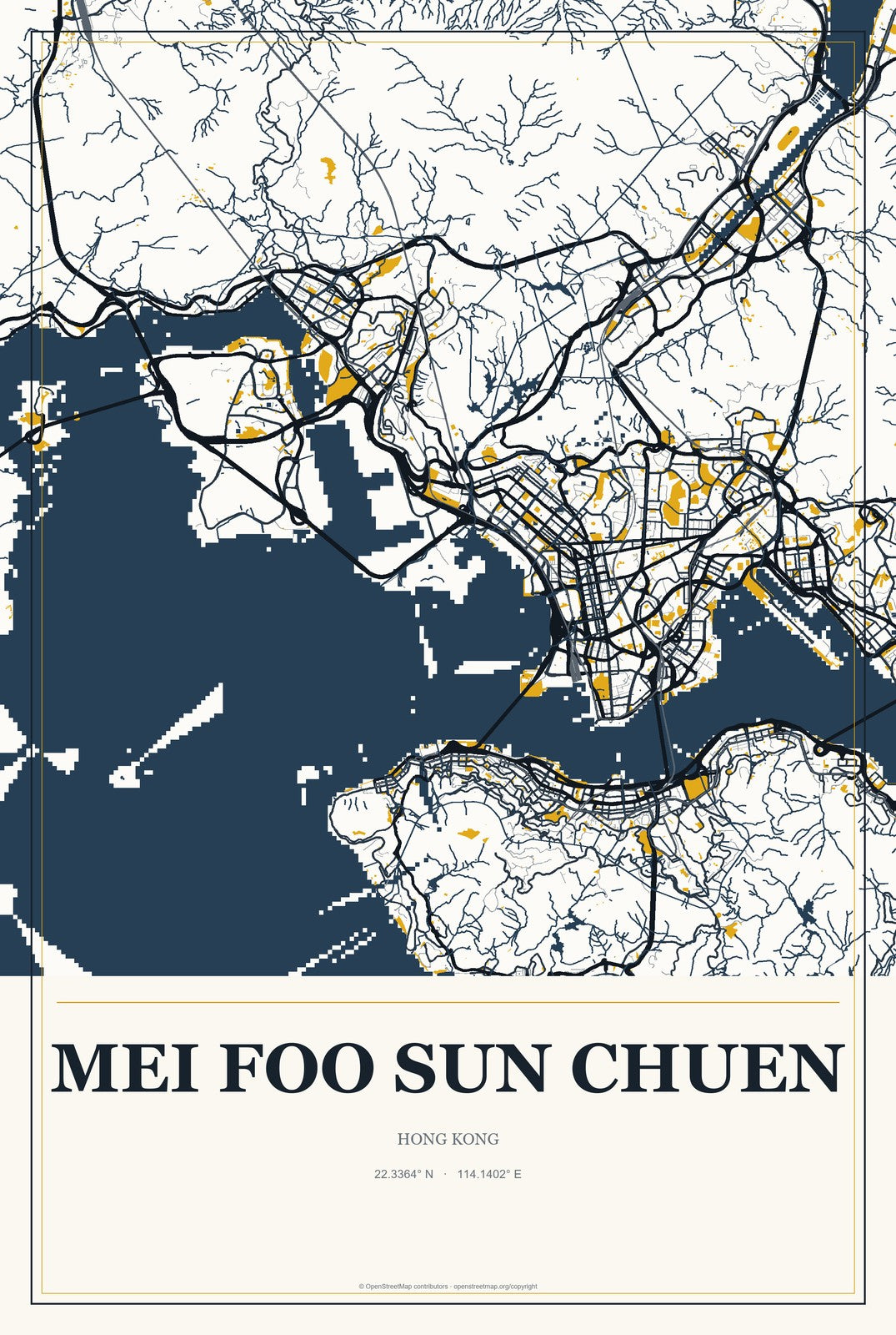 Mei Foo Sun Chuen, Hong Kong City Map Aluminum Sign in Citrine Modern style