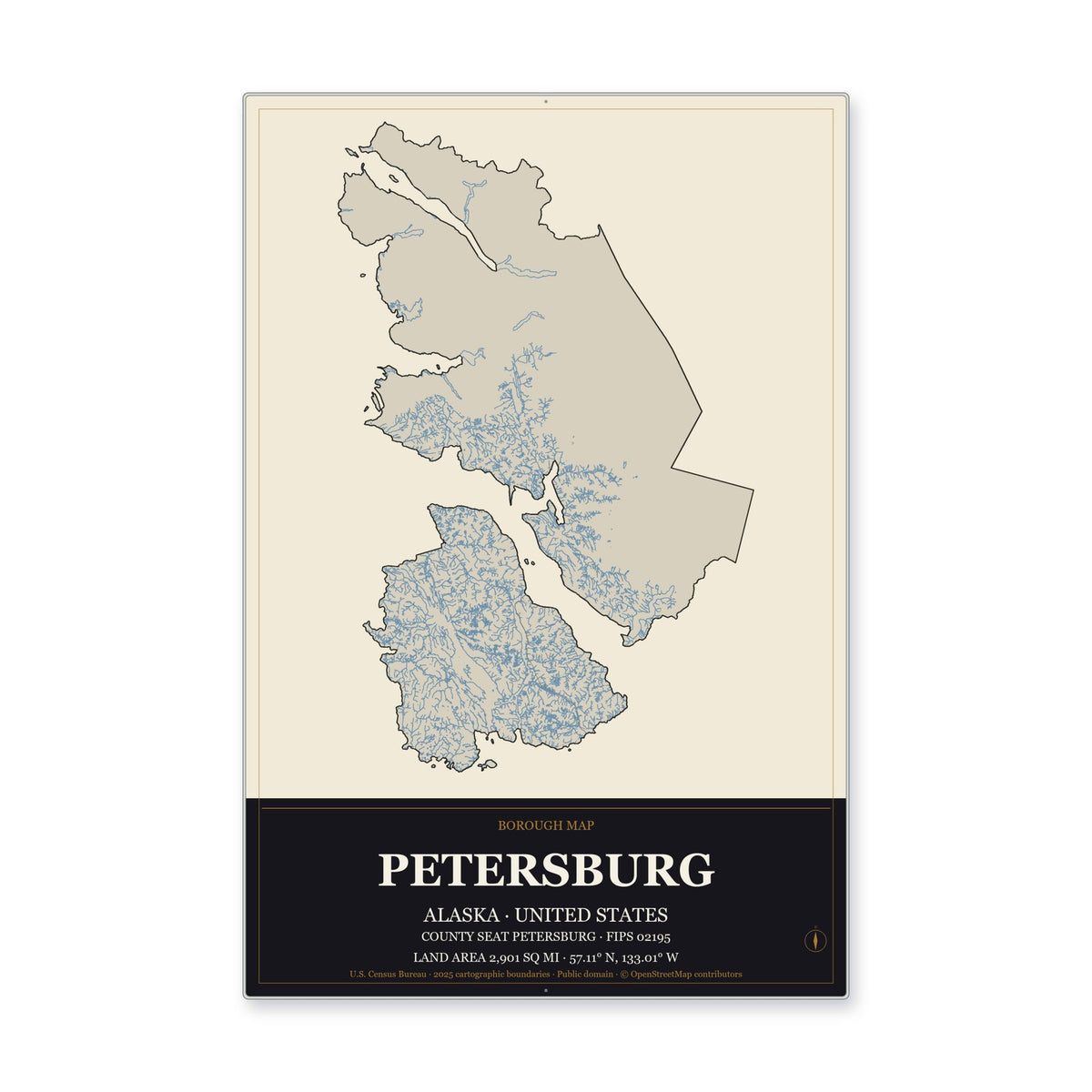 Petersburg Borough, Alaska Map Aluminum Sign in Museum Plaque style