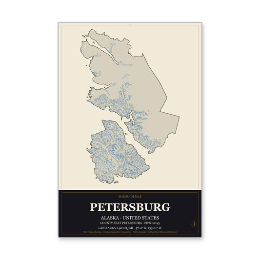 Petersburg Borough, Alaska Map Aluminum Sign in Museum Plaque style