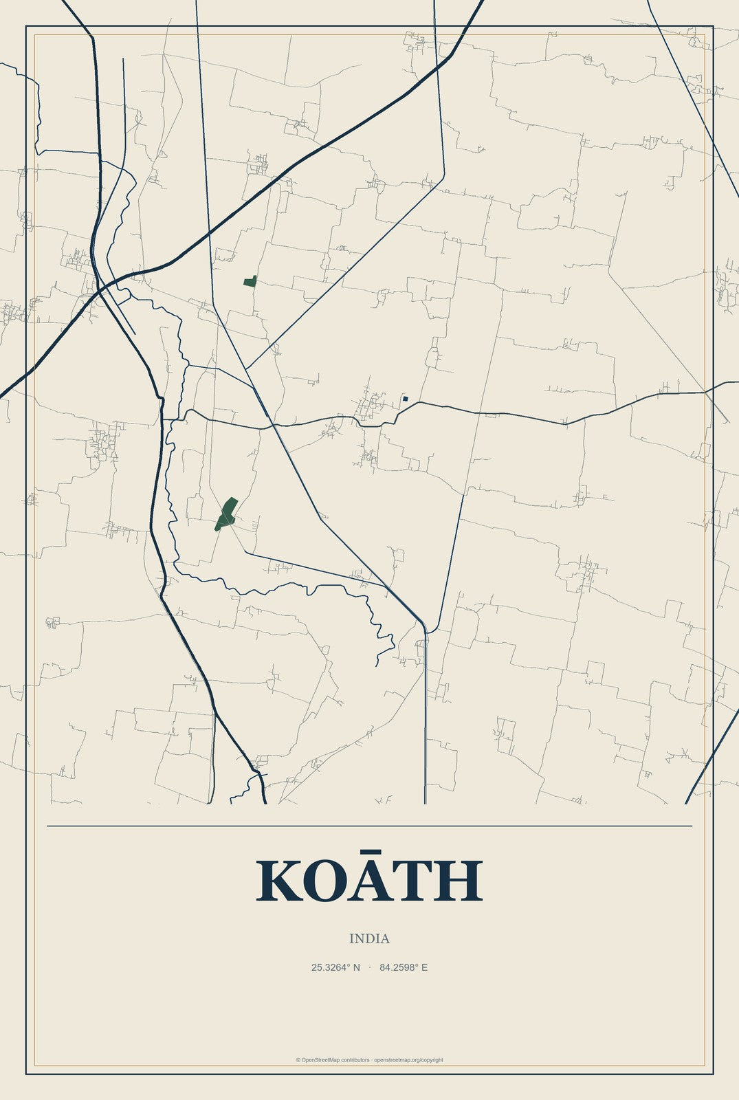 Koāth, India City Map Aluminum Sign in Coastal Cutout style