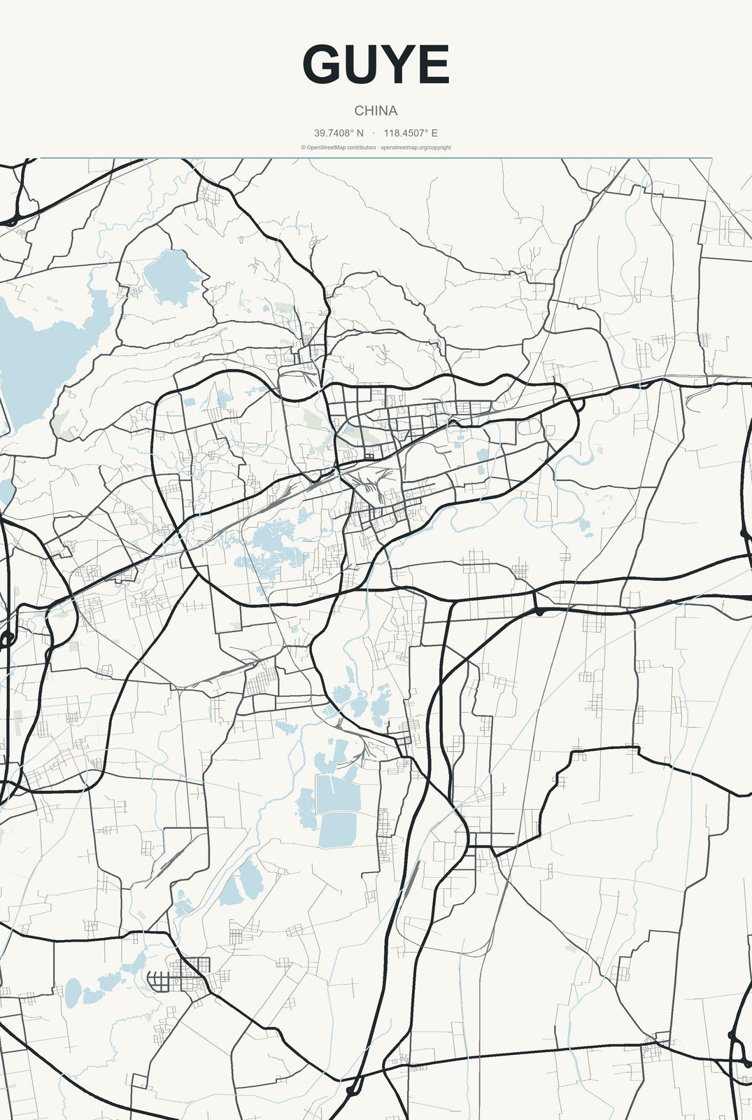 Guye, China City Map Aluminum Sign in Headline Atlas style
