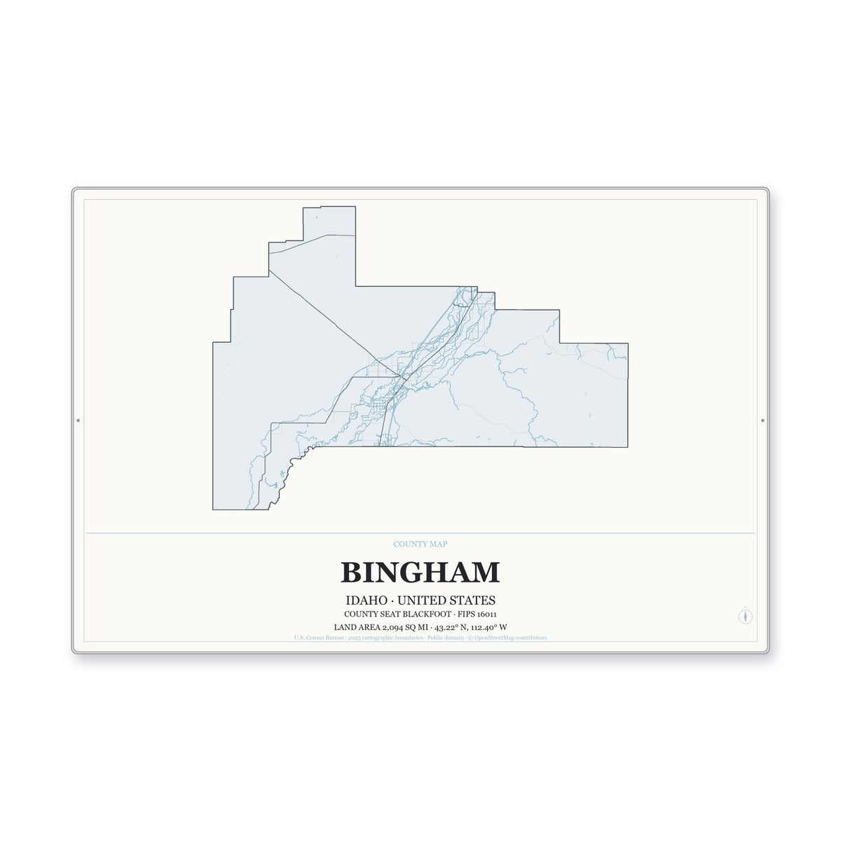 Bingham County, Idaho Map Aluminum Sign in Gallery Air style