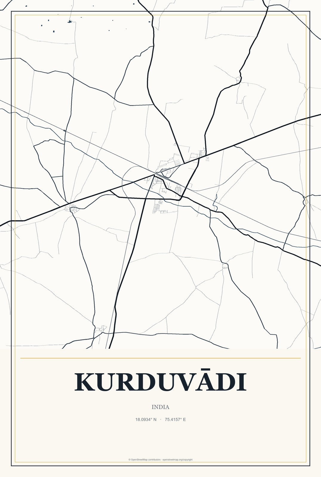 Kurduvādi, India City Map Aluminum Sign in Citrine Modern style