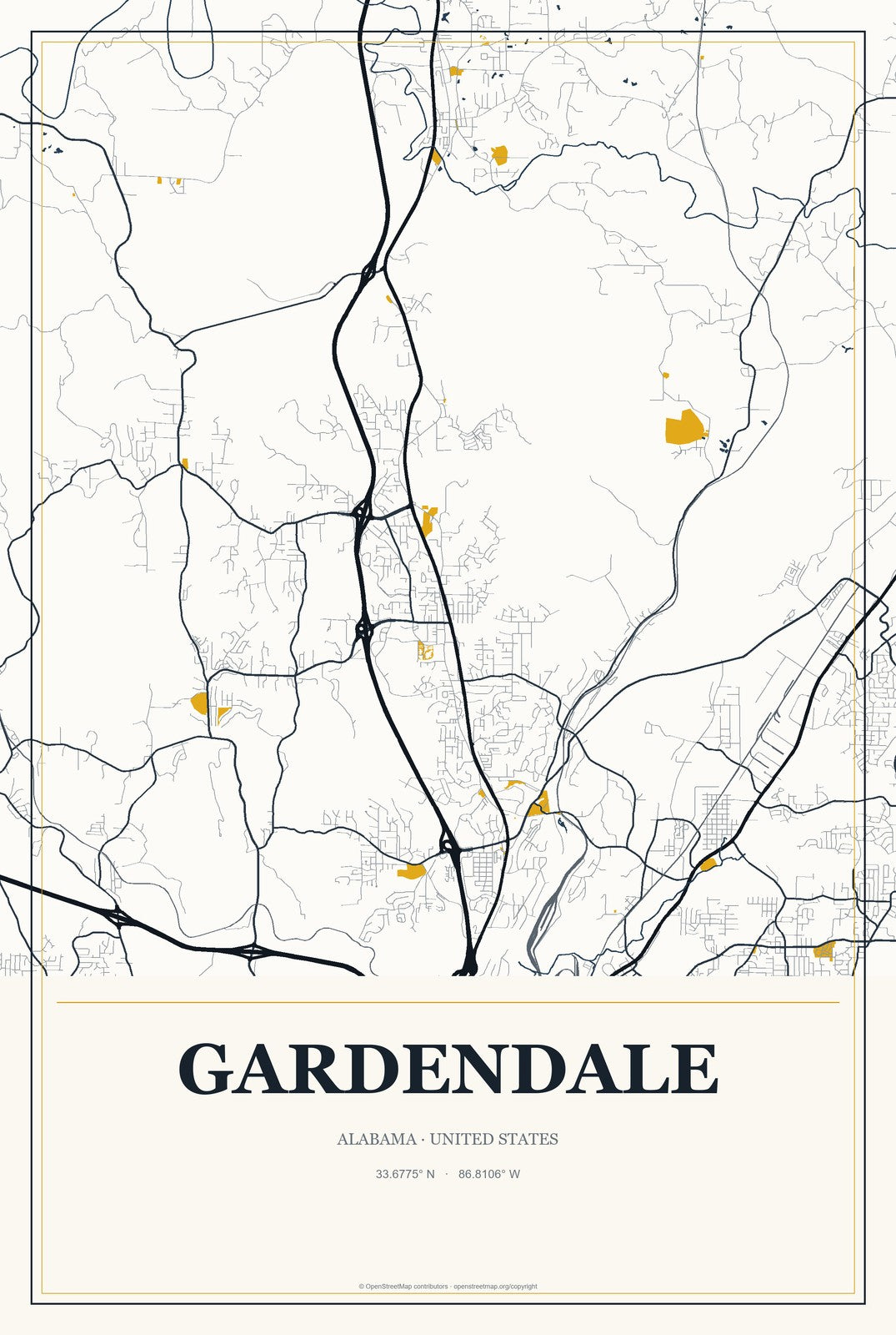Gardendale, Alabama City Map Aluminum Sign in Citrine Modern style