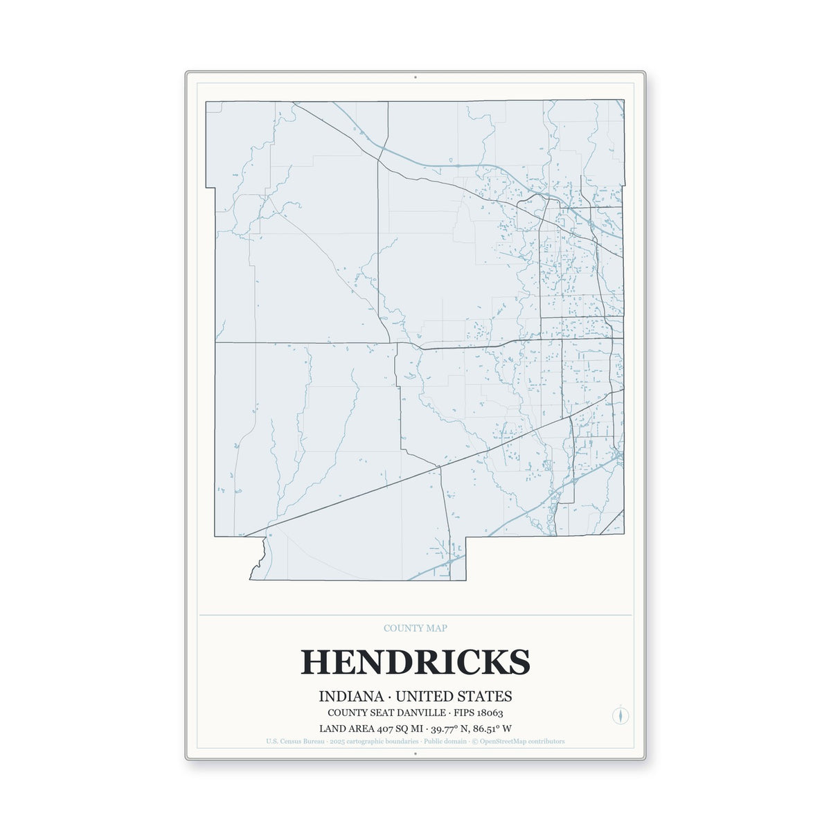 Hendricks County, Indiana Map Aluminum Sign in Gallery Air style