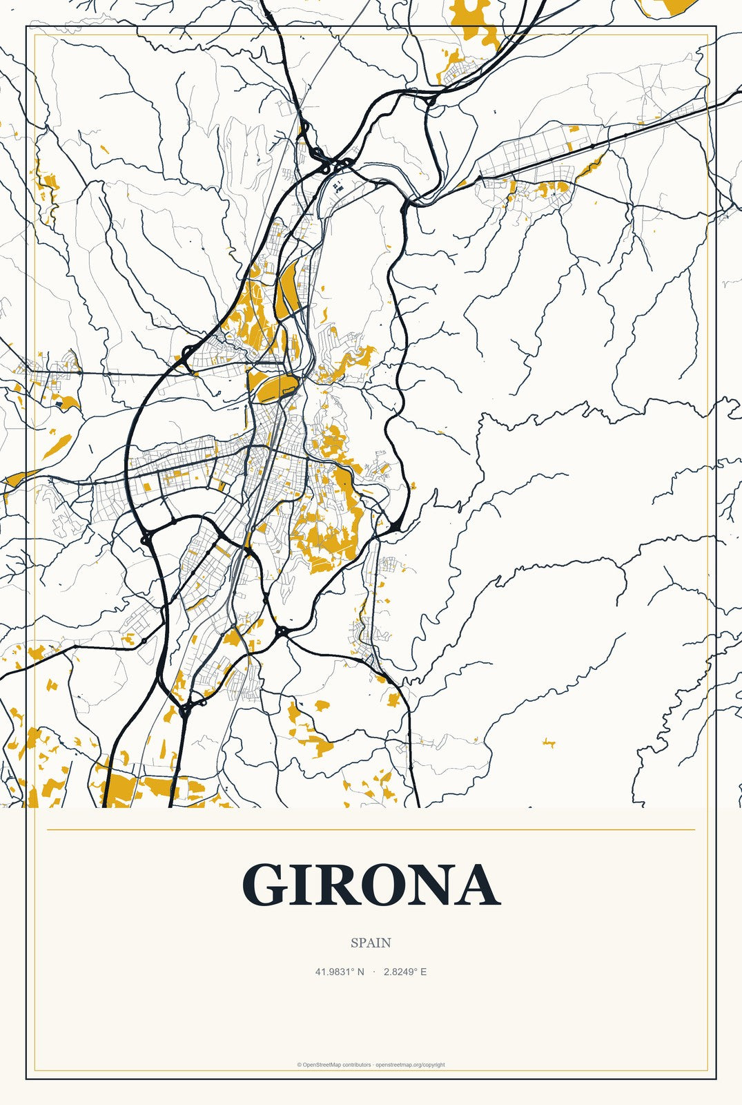 Girona, Spain City Map Aluminum Sign in Citrine Modern style
