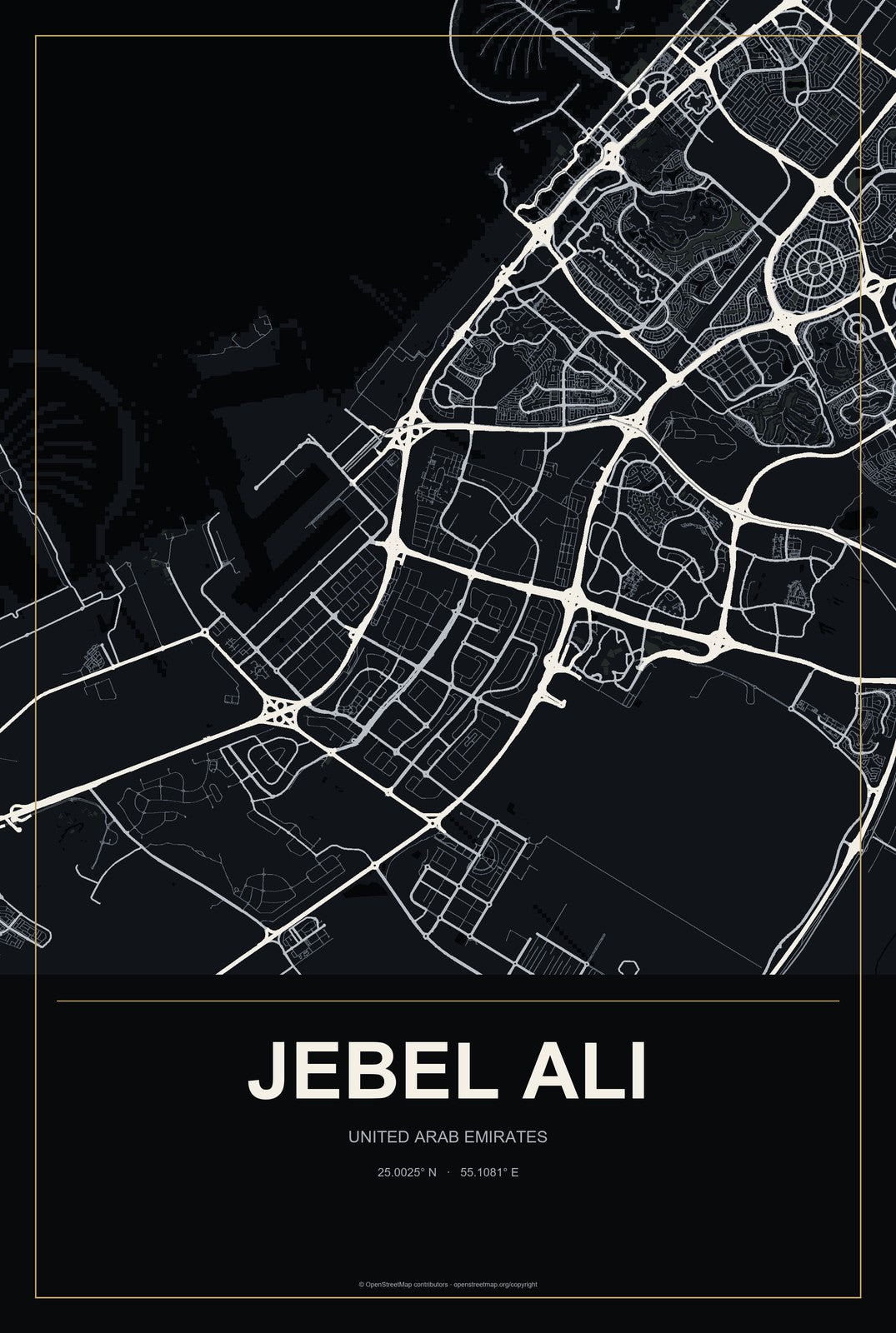 Jebel Ali, United Arab Emirates City Map Aluminum Sign in Metropolitan Noir style
