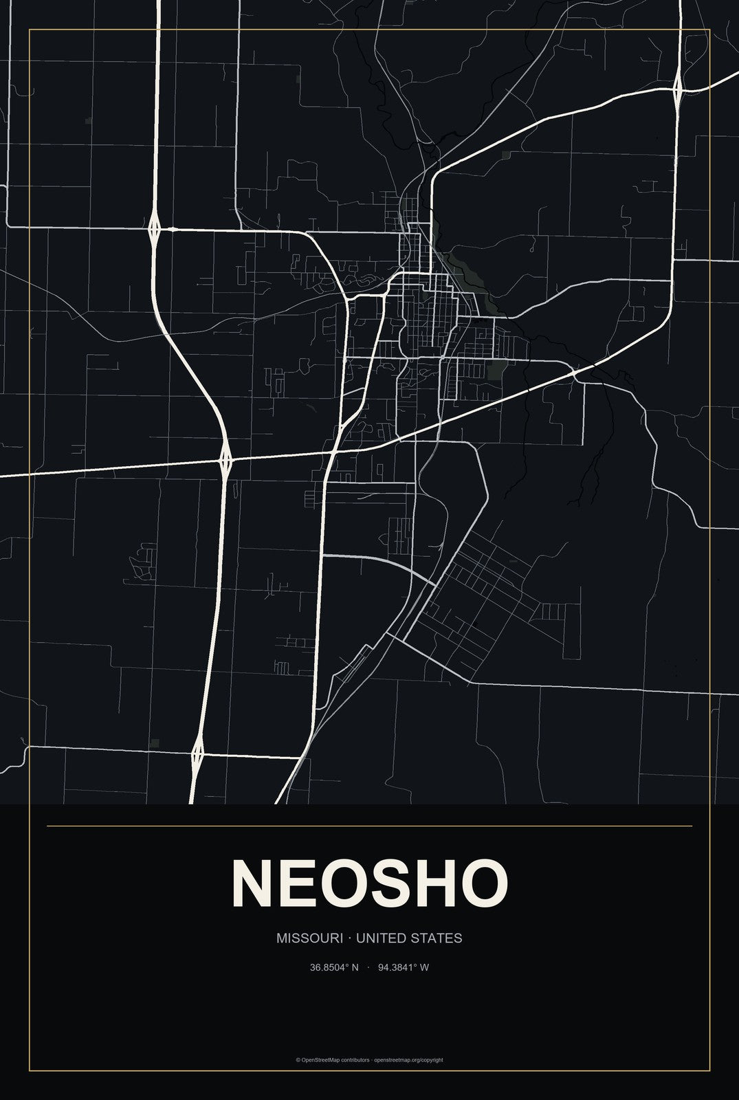 Neosho, Missouri City Map Aluminum Sign in Metropolitan Noir style