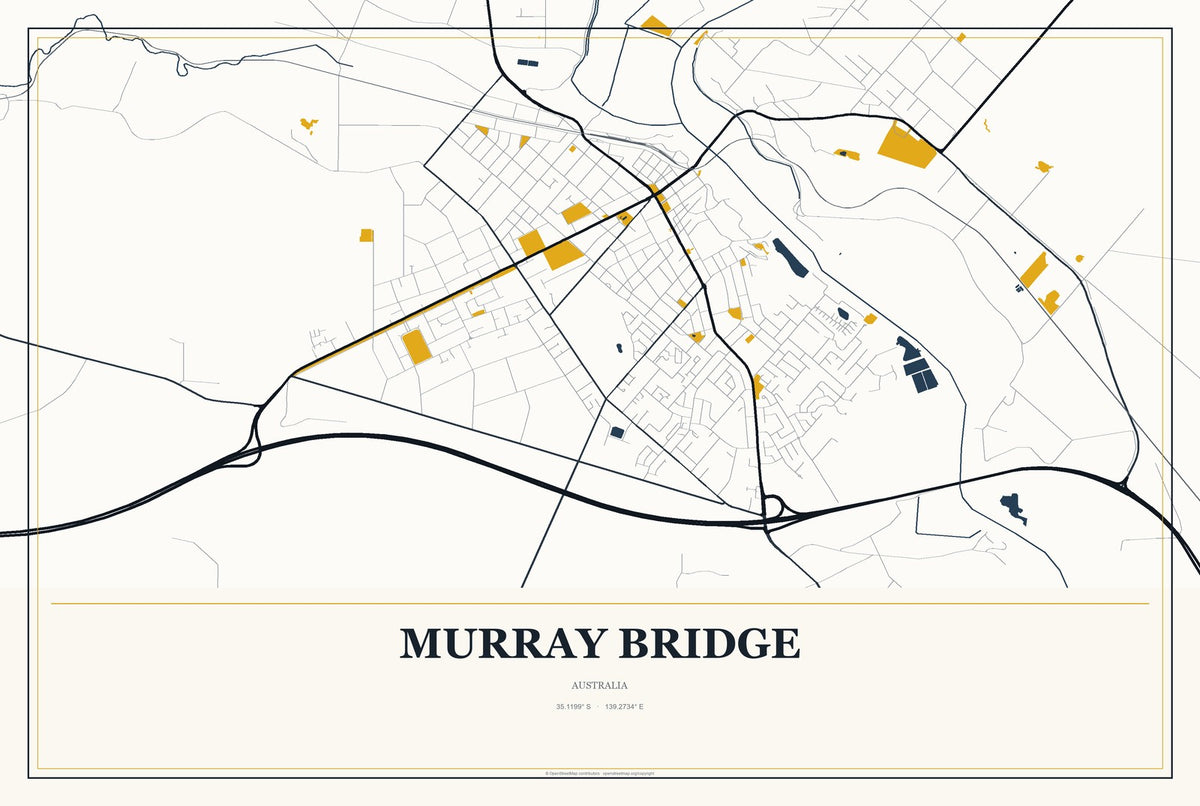 Murray Bridge, Australia City Map Aluminum Sign in Citrine Modern style