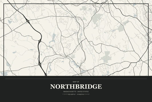 Northbridge, Massachusetts City Map Aluminum Sign in Museum Plaque style