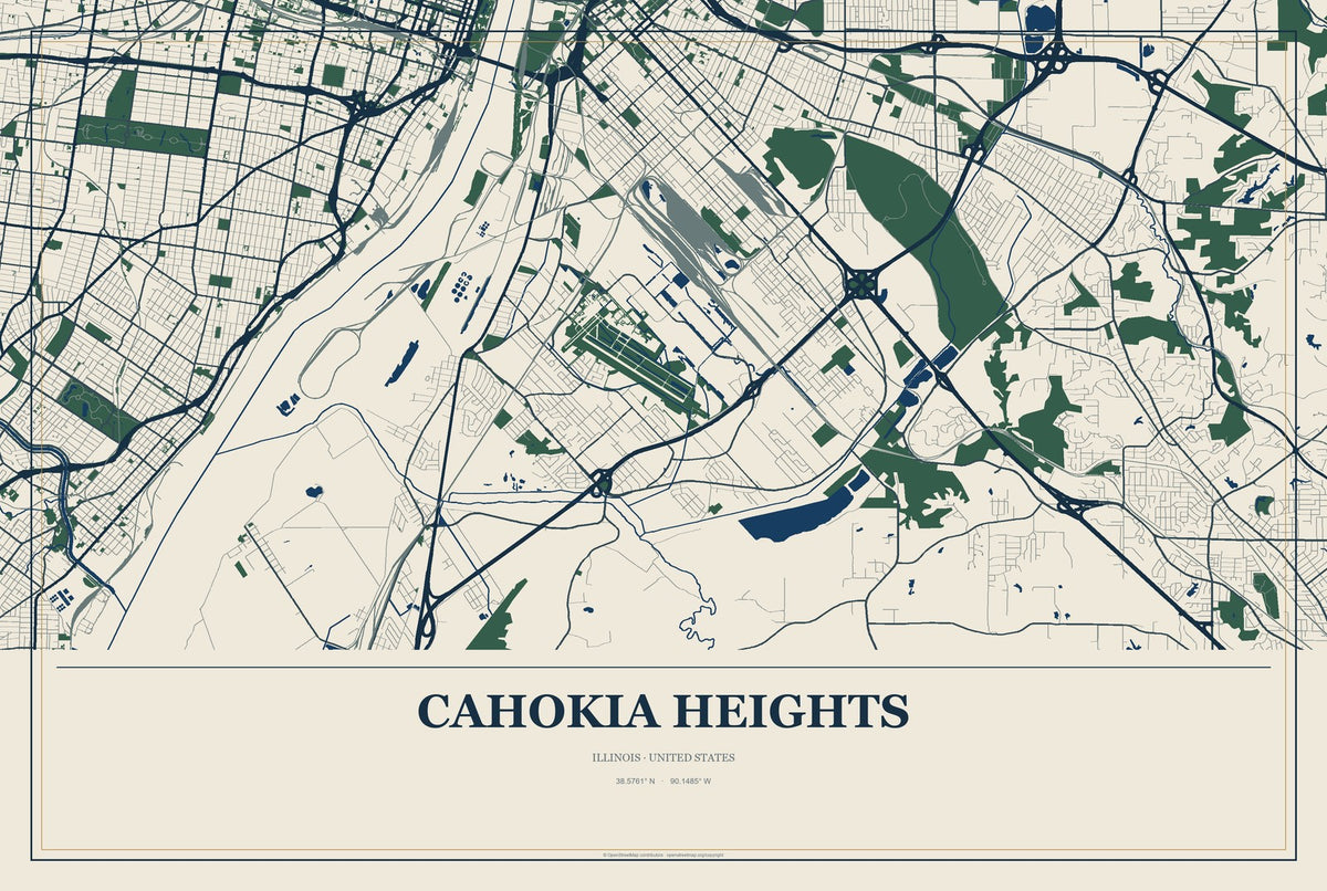 Cahokia Heights, Illinois City Map Aluminum Sign in Coastal Cutout style