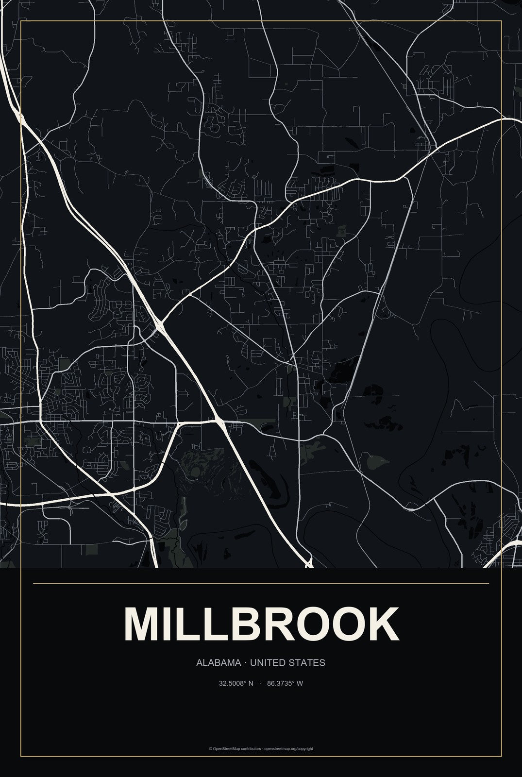 Millbrook, Alabama City Map Aluminum Sign in Metropolitan Noir style