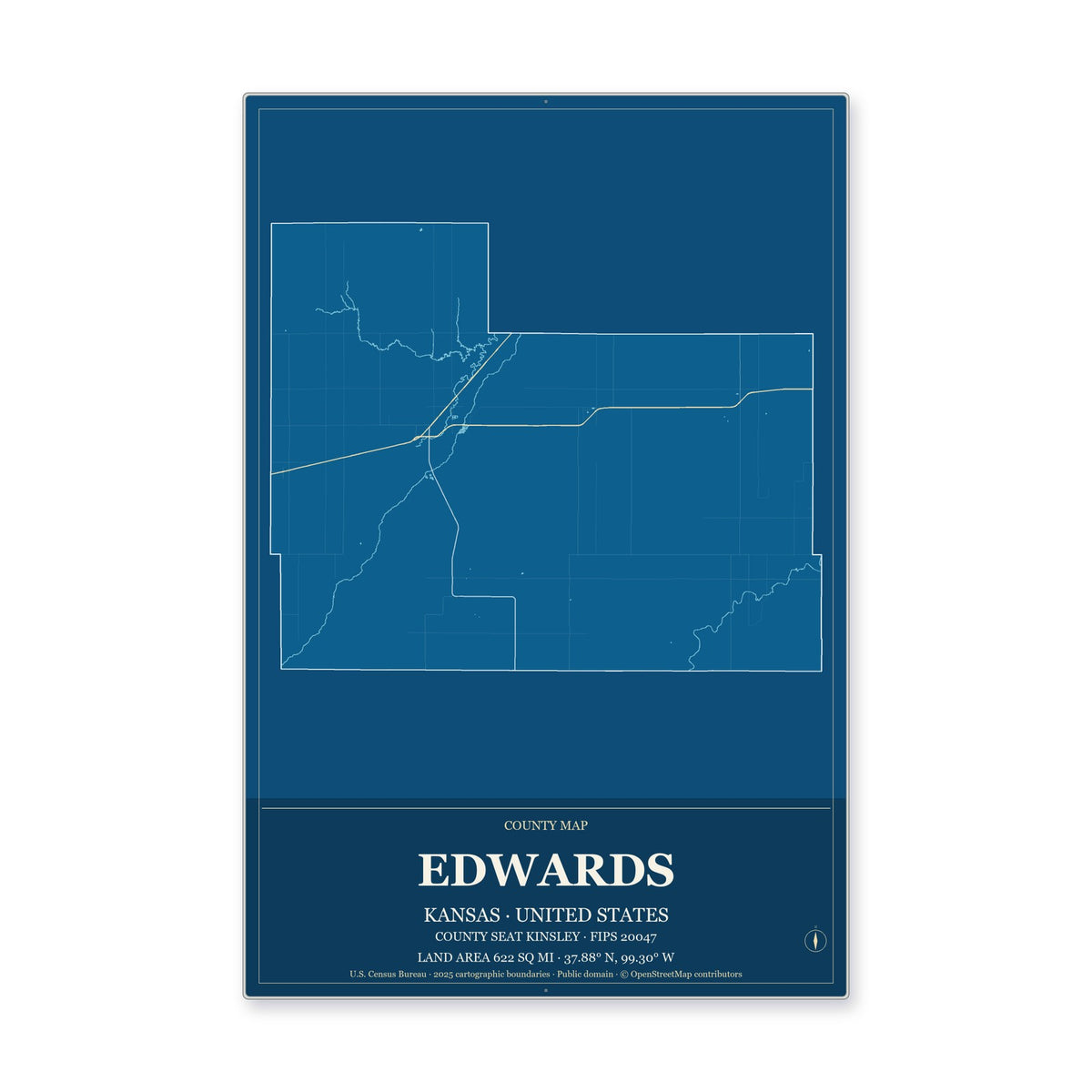 Edwards County, Kansas Map Aluminum Sign in Harbor Cobalt style