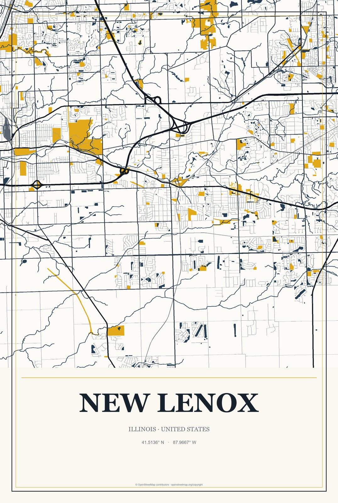 New Lenox, Illinois City Map Aluminum Sign in Citrine Modern style