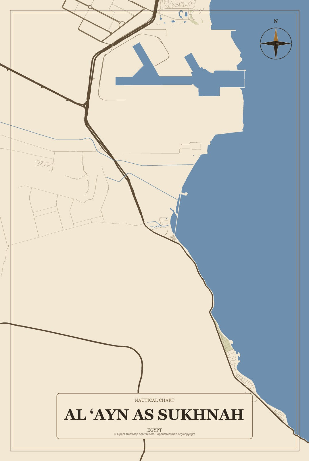 Al ‘Ayn as Sukhnah, Egypt City Map Aluminum Sign in Heritage Nautical style
