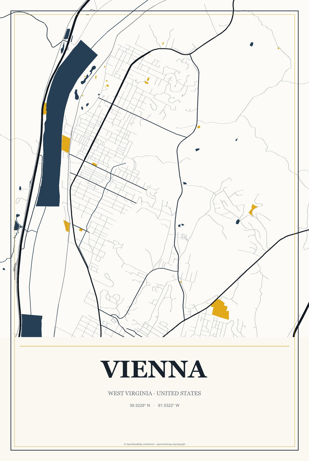 Vienna, West Virginia City Map Aluminum Sign in Citrine Modern style